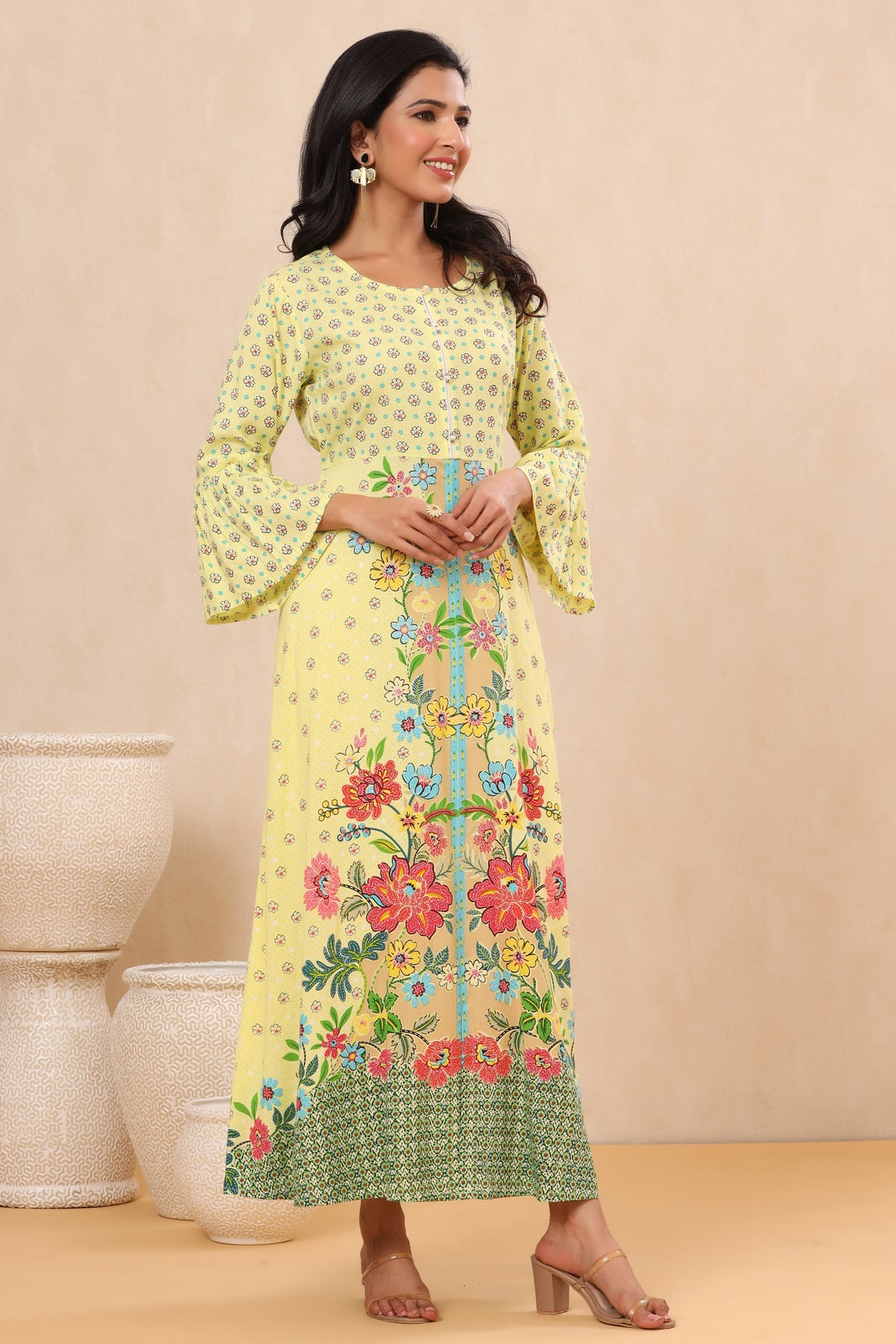 Lime Rayon Printed A-Line Kurta