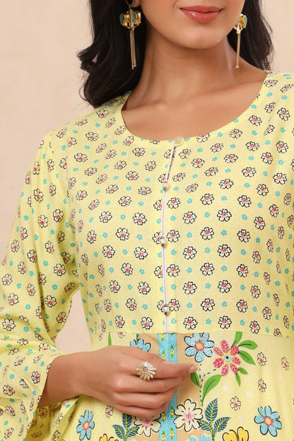 Lime Rayon Printed A-Line Kurta