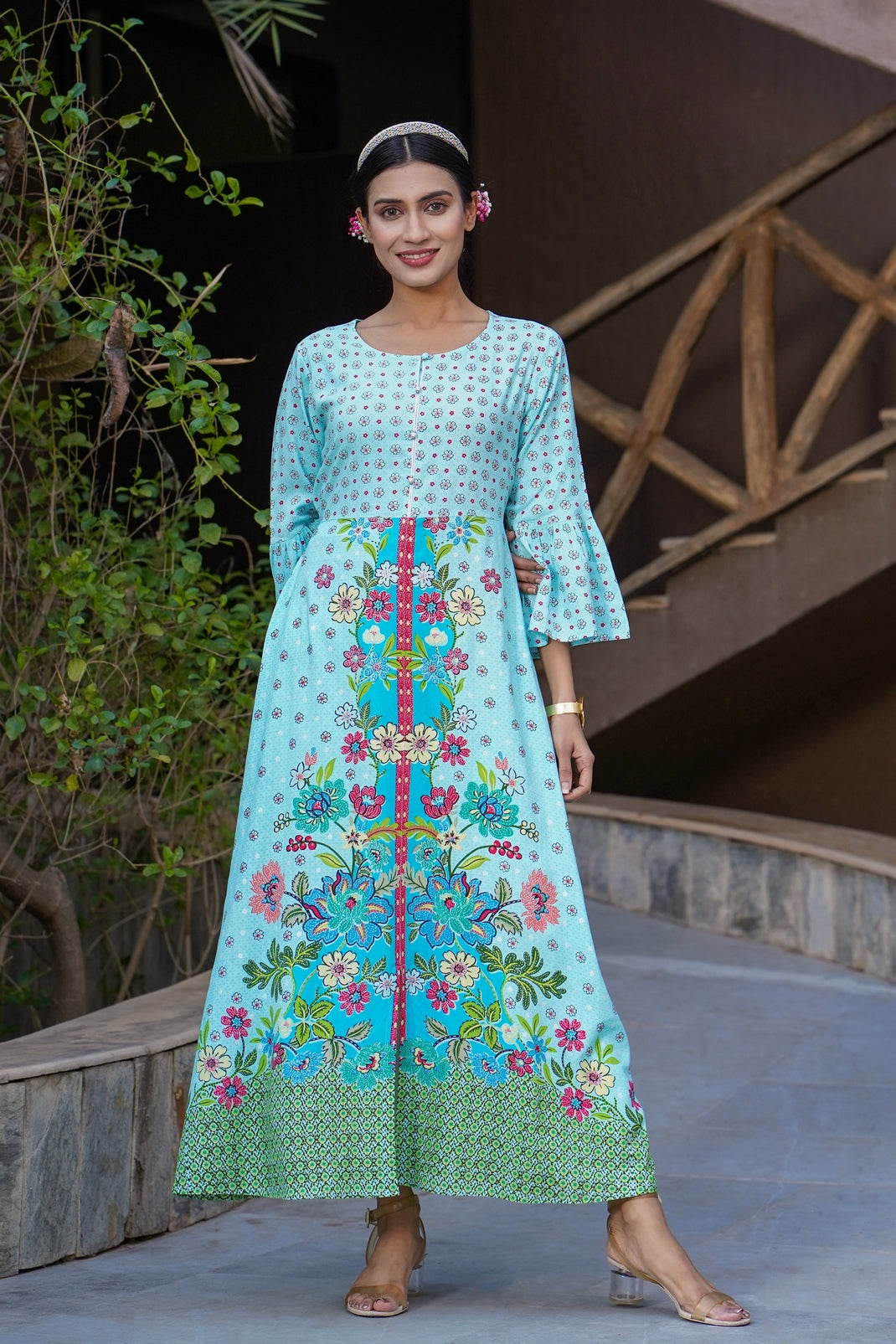Skyblue Rayon Printed A-Line Kurta