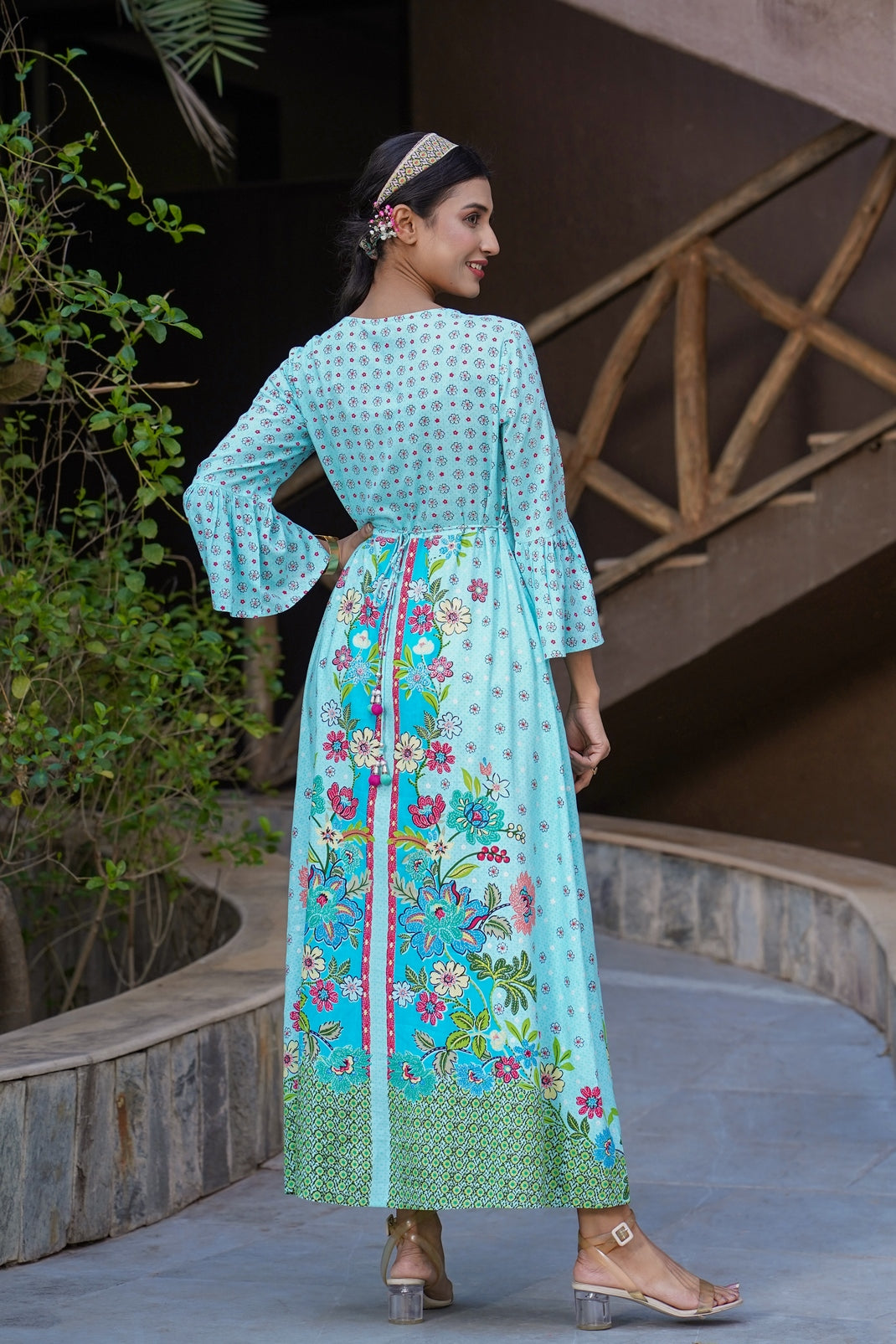 Skyblue Rayon Printed A-Line Kurta