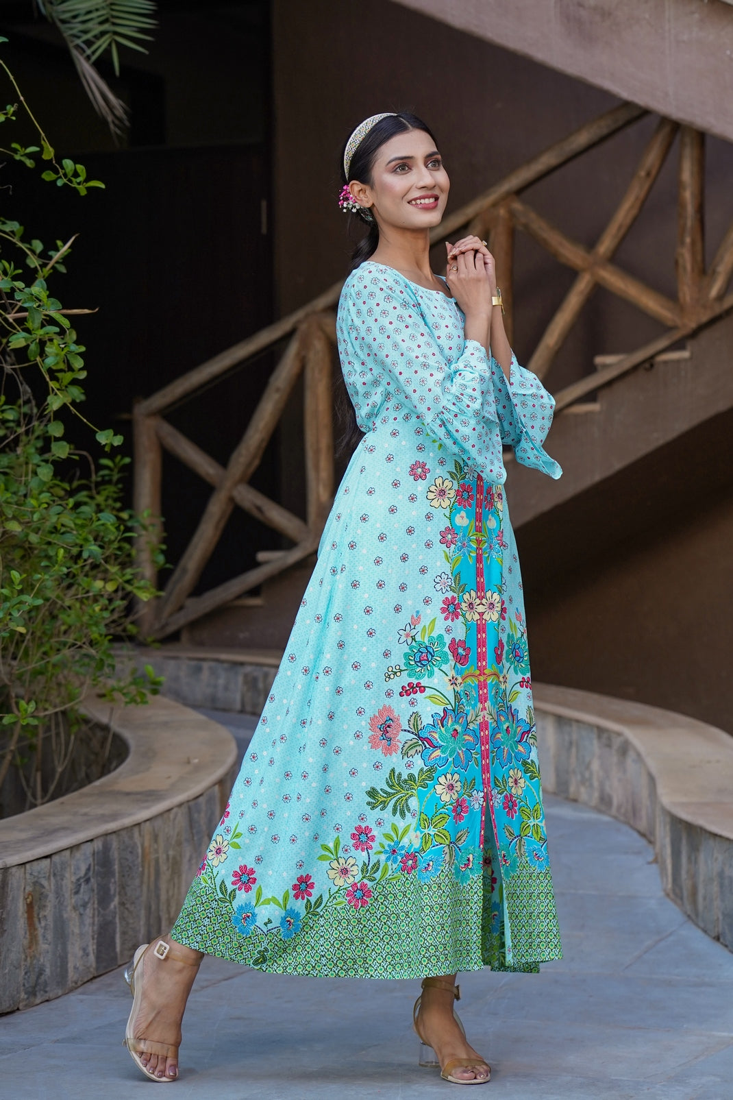 Skyblue Rayon Printed A-Line Kurta