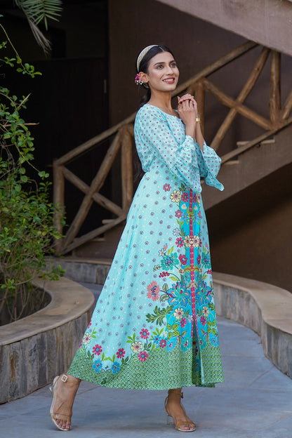 Skyblue Rayon Printed A-Line Kurta