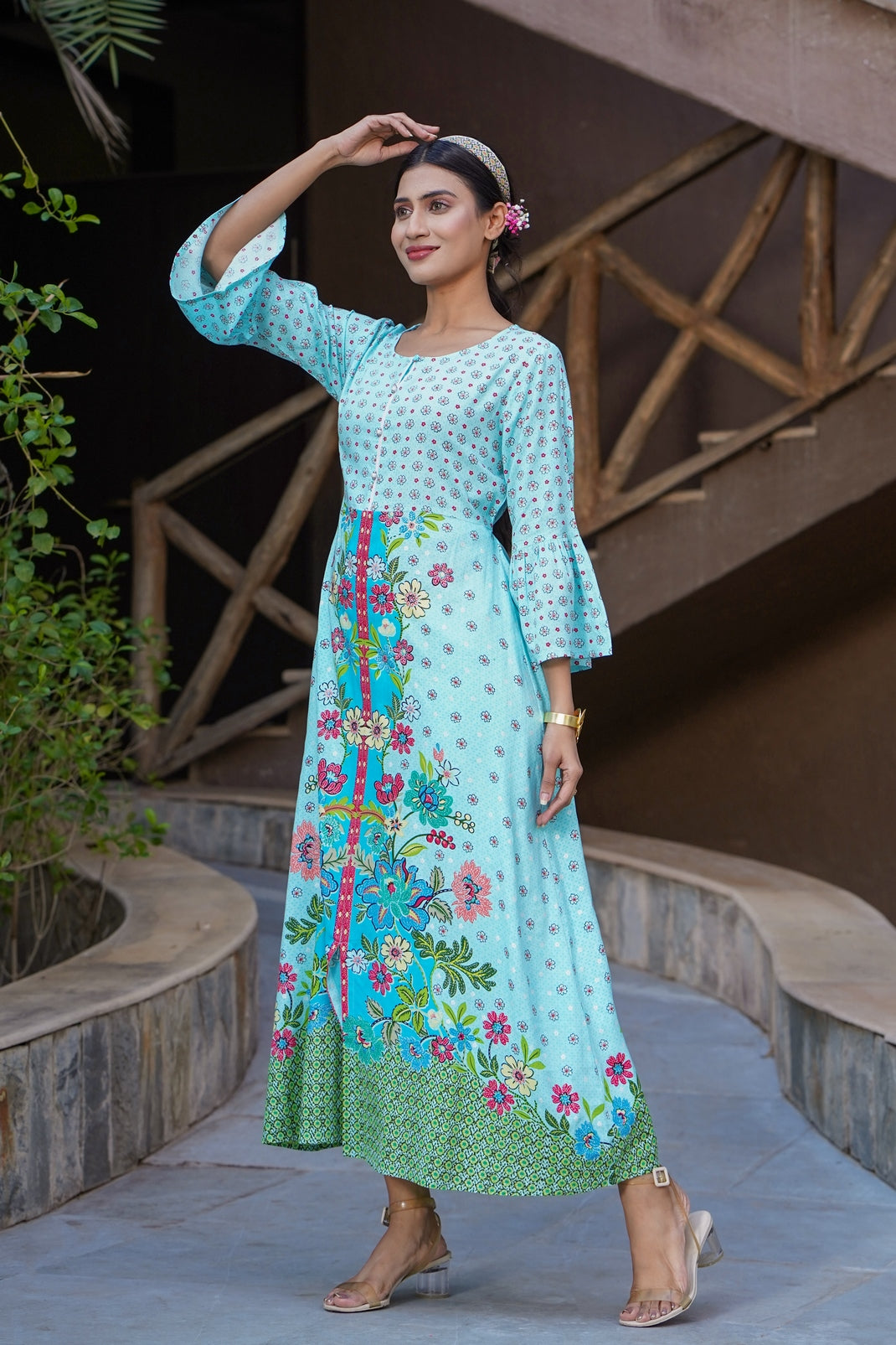 Skyblue Rayon Printed A-Line Kurta