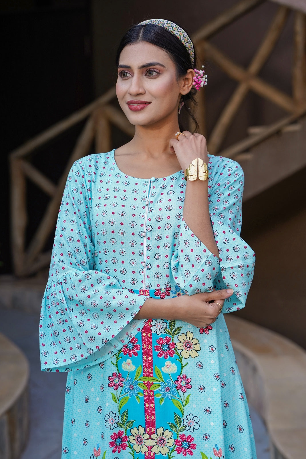 Skyblue Rayon Printed A-Line Kurta