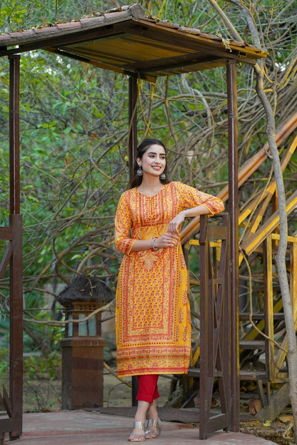 Mustard Shantoon Printed Straight Kurta