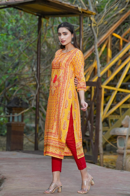 Mustard Shantoon Printed Straight Kurta