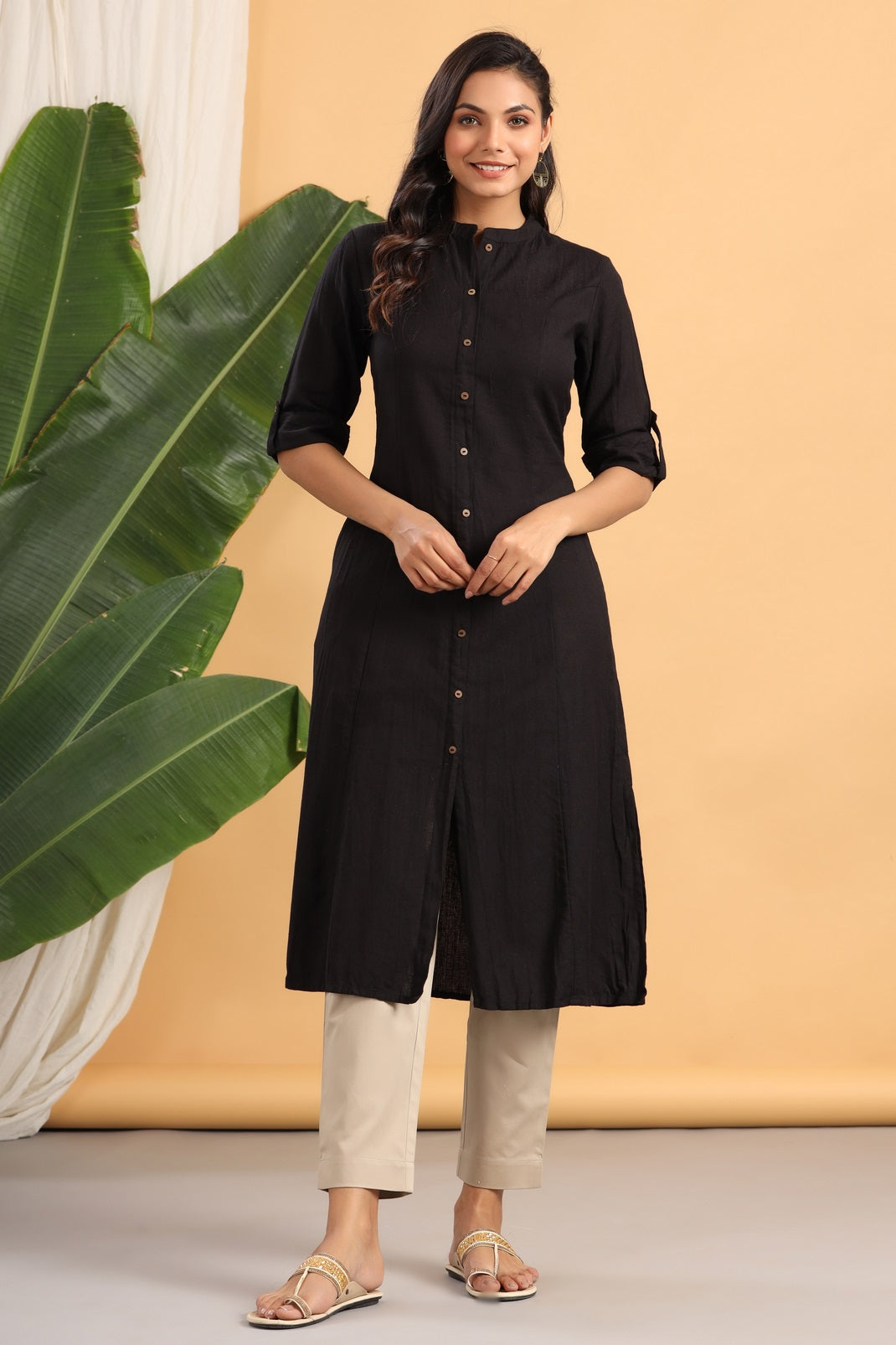 Black Cotton Flex Solid A-Line Kurta