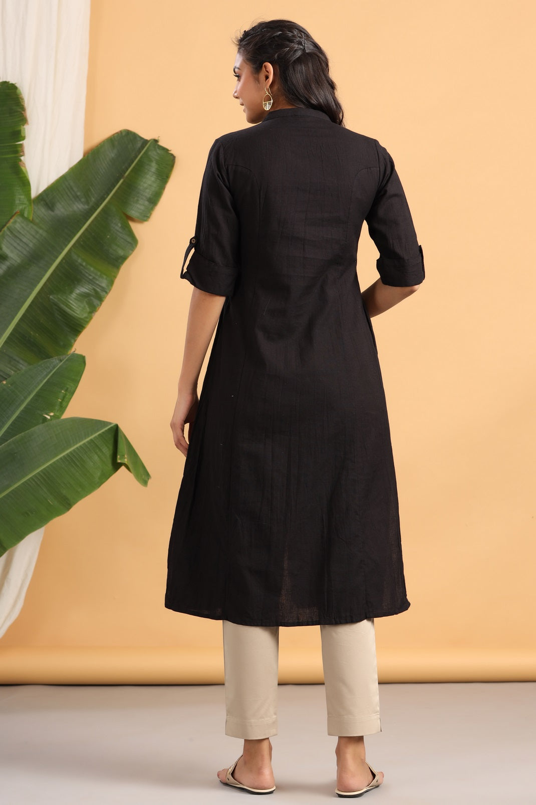 Black Cotton Flex Solid A-Line Kurta