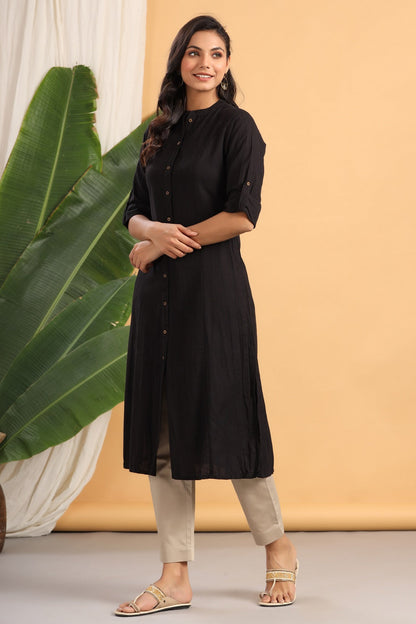 Black Cotton Flex Solid A-Line Kurta
