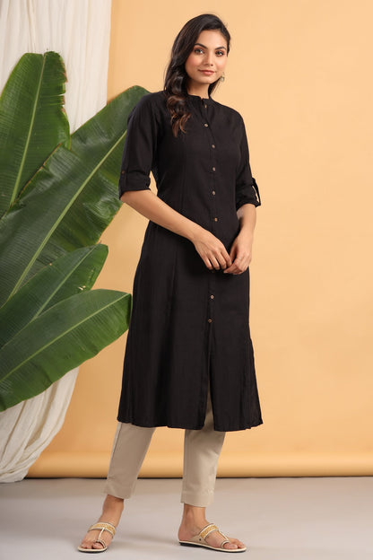 Black Cotton Flex Solid A-Line Kurta