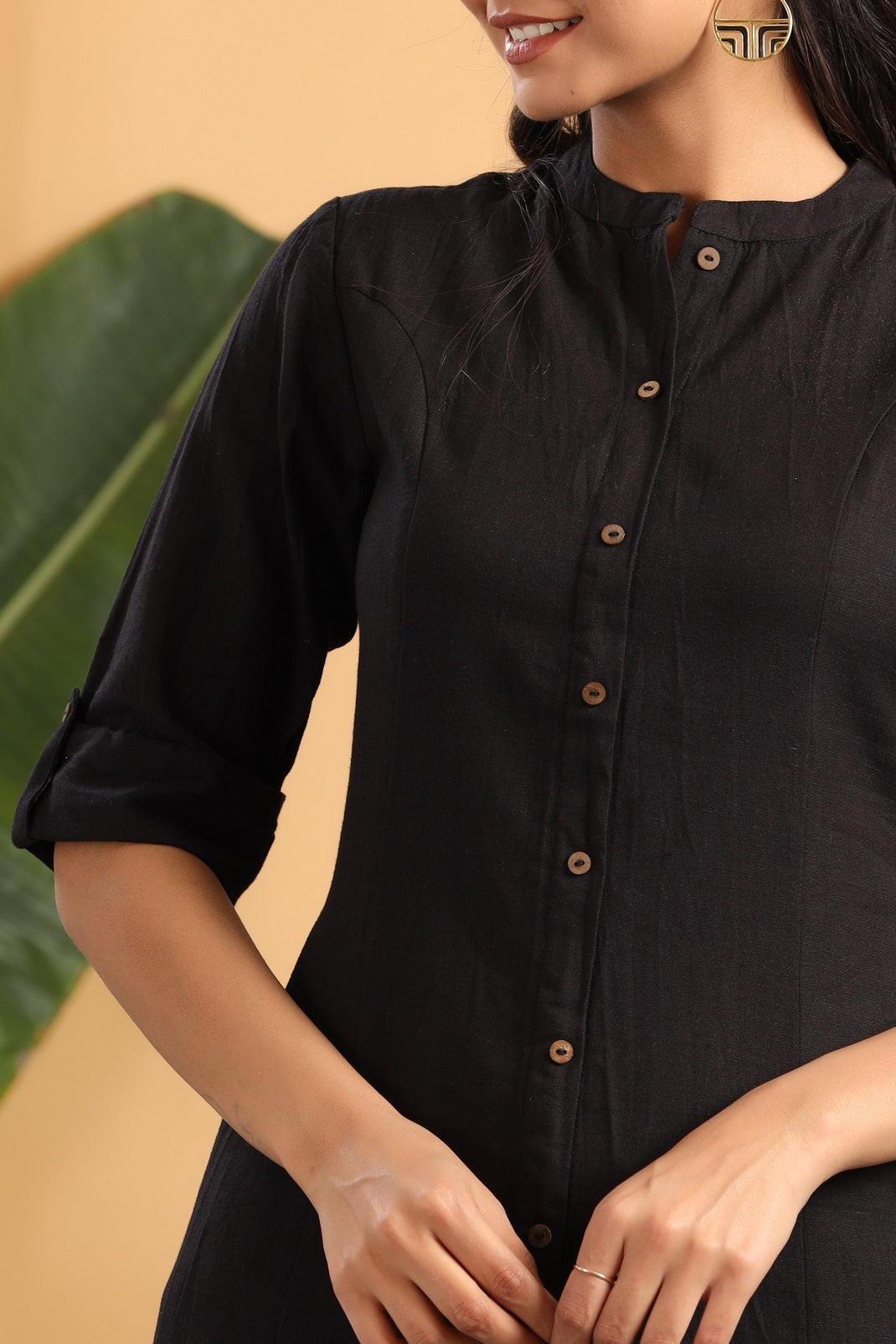 Black Cotton Flex Solid A-Line Kurta