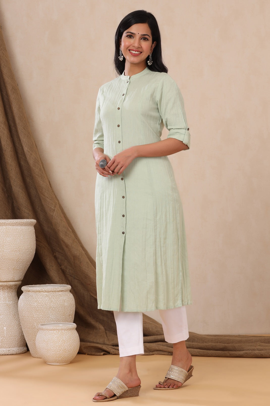 Mint Cotton Flex Solid A-Line Kurta