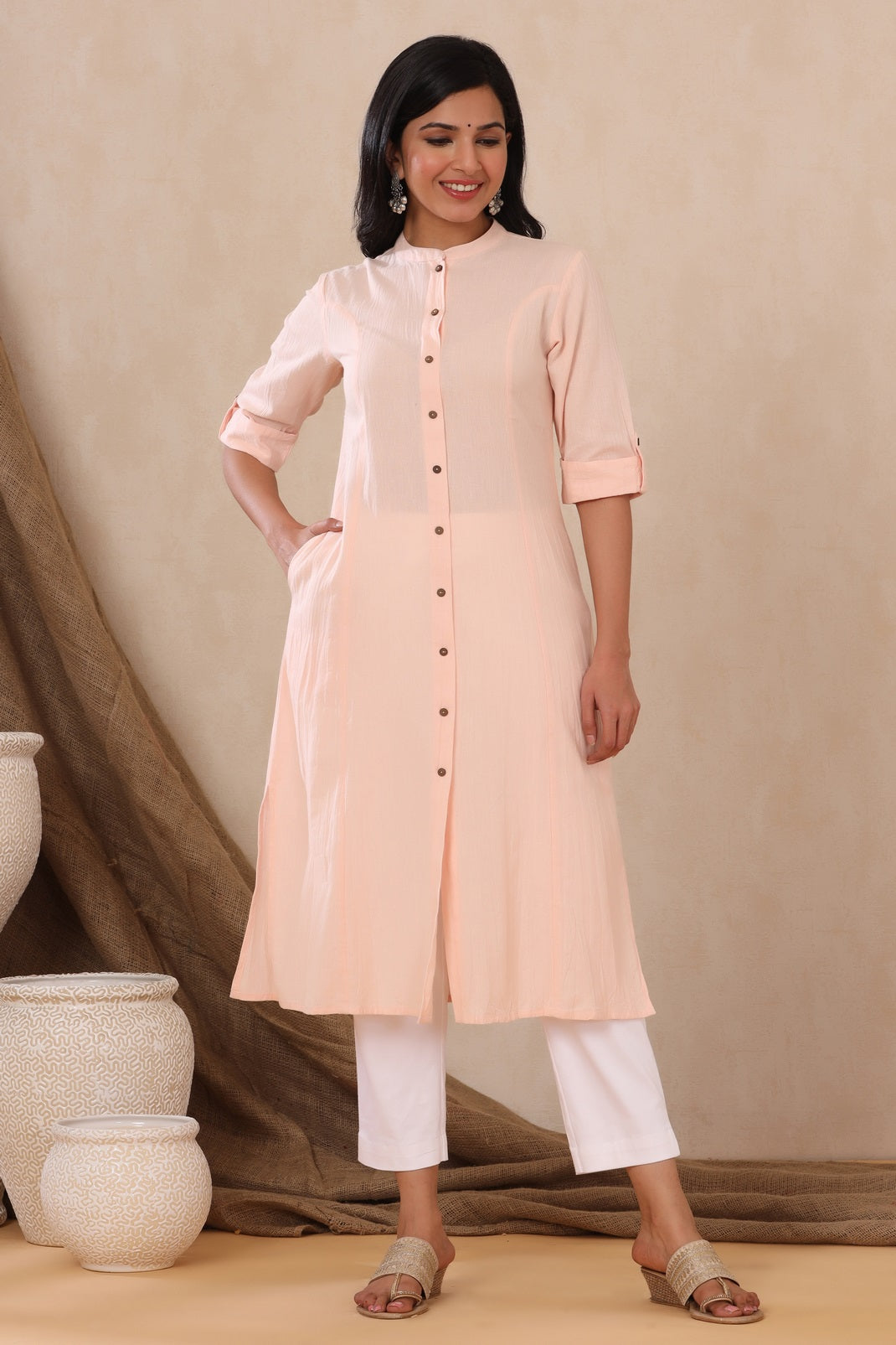Peach Cotton Flex Solid A-Line Kurta