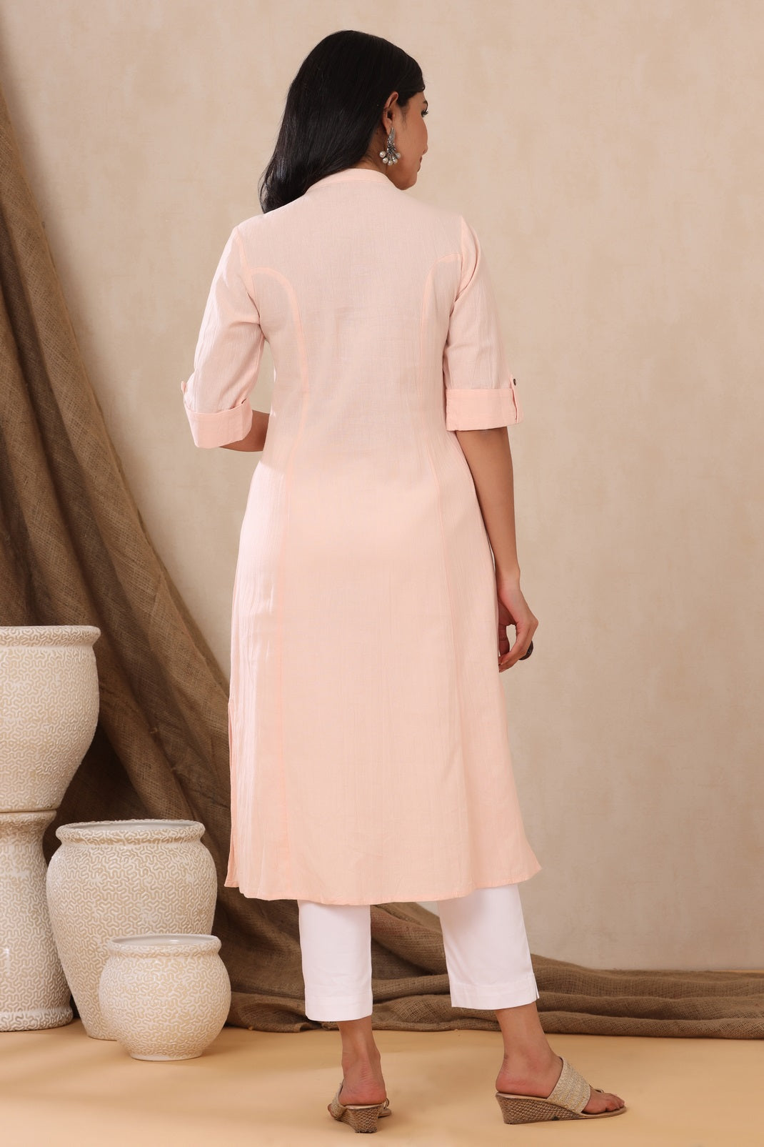 Peach Cotton Flex Solid A-Line Kurta