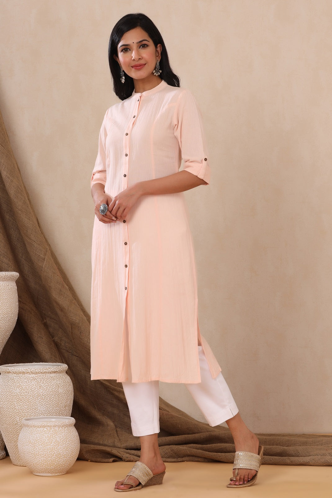 Peach Cotton Flex Solid A-Line Kurta