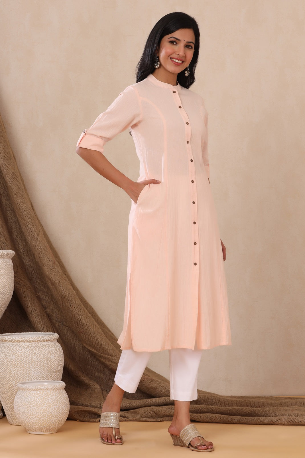 Peach Cotton Flex Solid A-Line Kurta