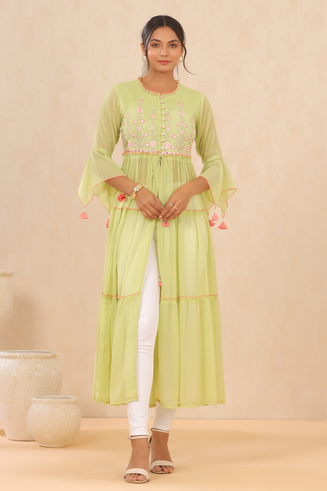 Green Chiffon Embroidered Tiered Kurta