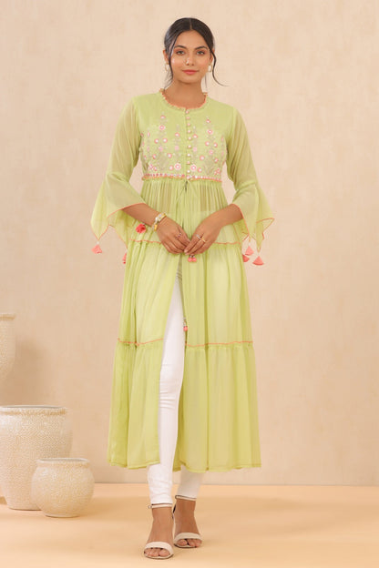 Green Chiffon Embroidered Tiered Kurta