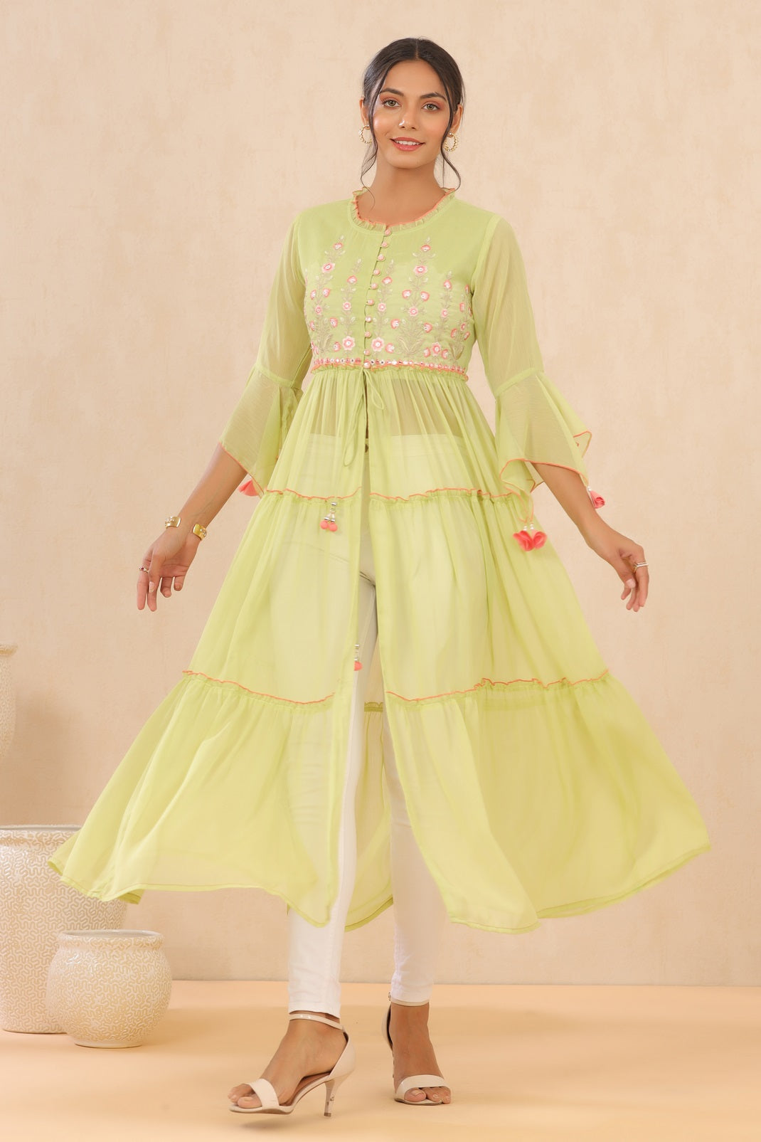 Green Chiffon Embroidered Tiered Kurta