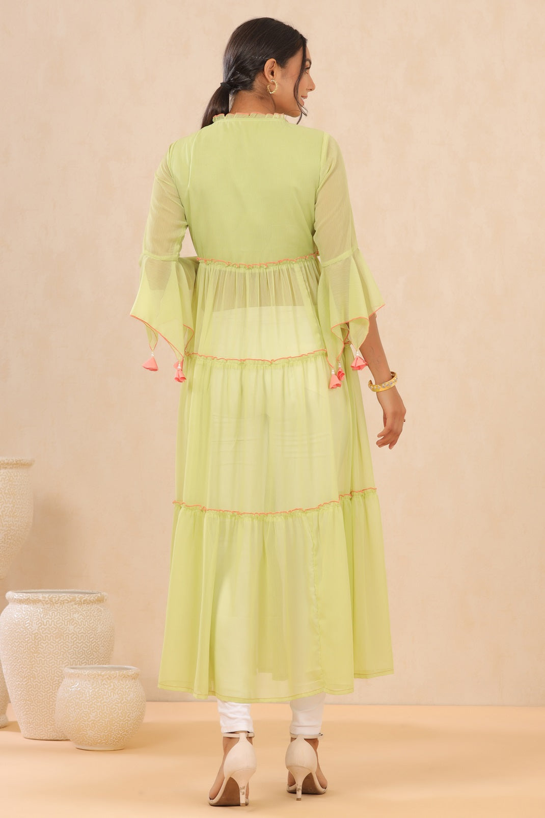 Green Chiffon Embroidered Tiered Kurta