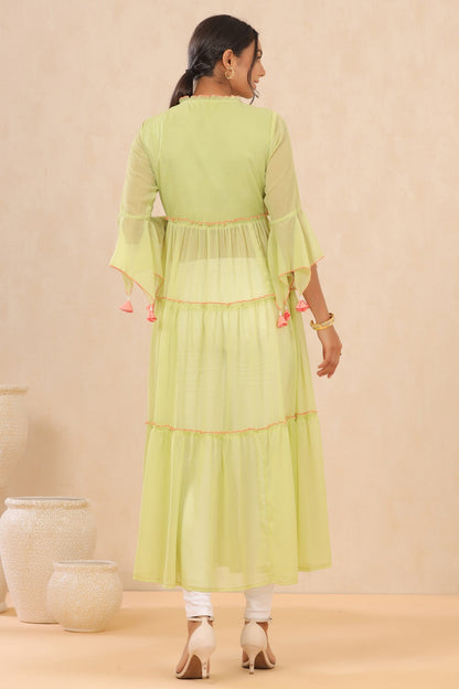 Green Chiffon Embroidered Tiered Kurta