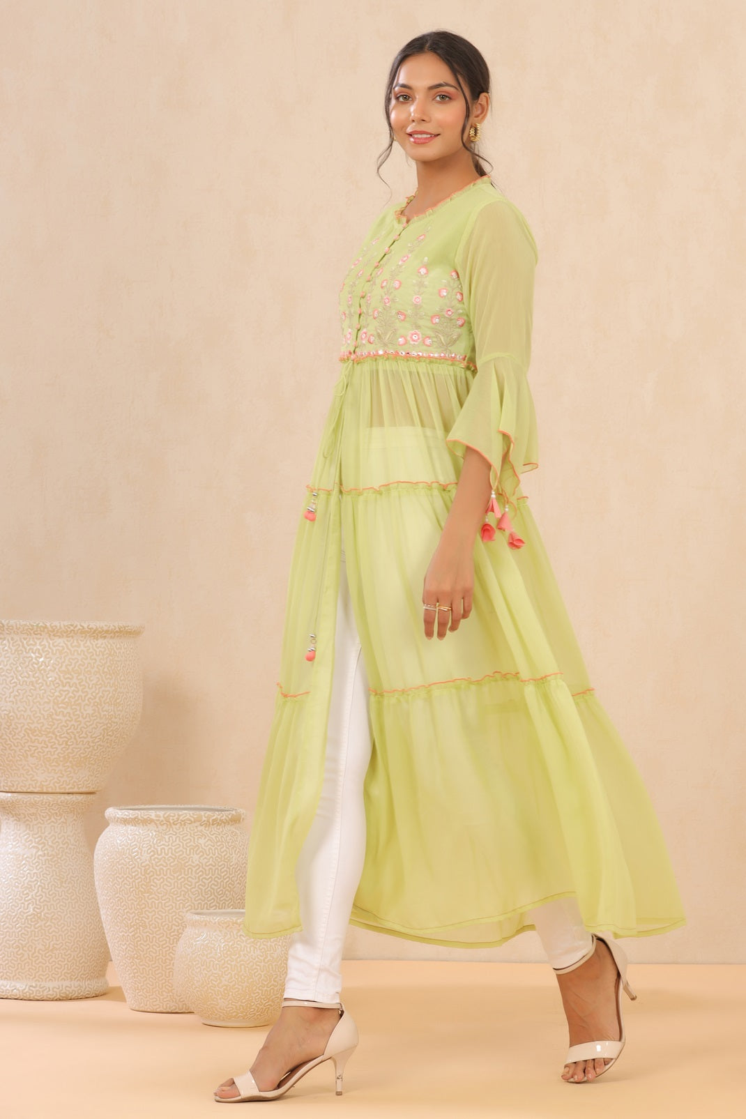 Green Chiffon Embroidered Tiered Kurta