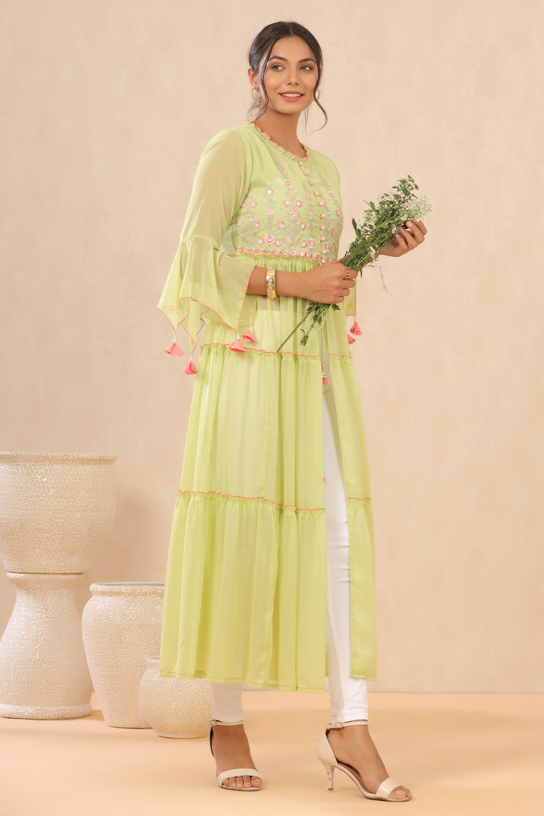 Green Chiffon Embroidered Tiered Kurta