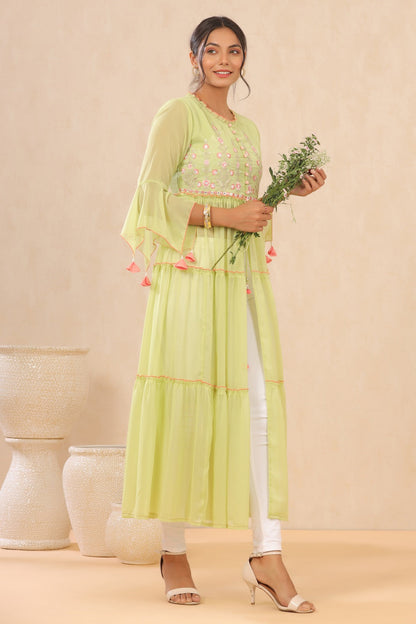 Green Chiffon Embroidered Tiered Kurta