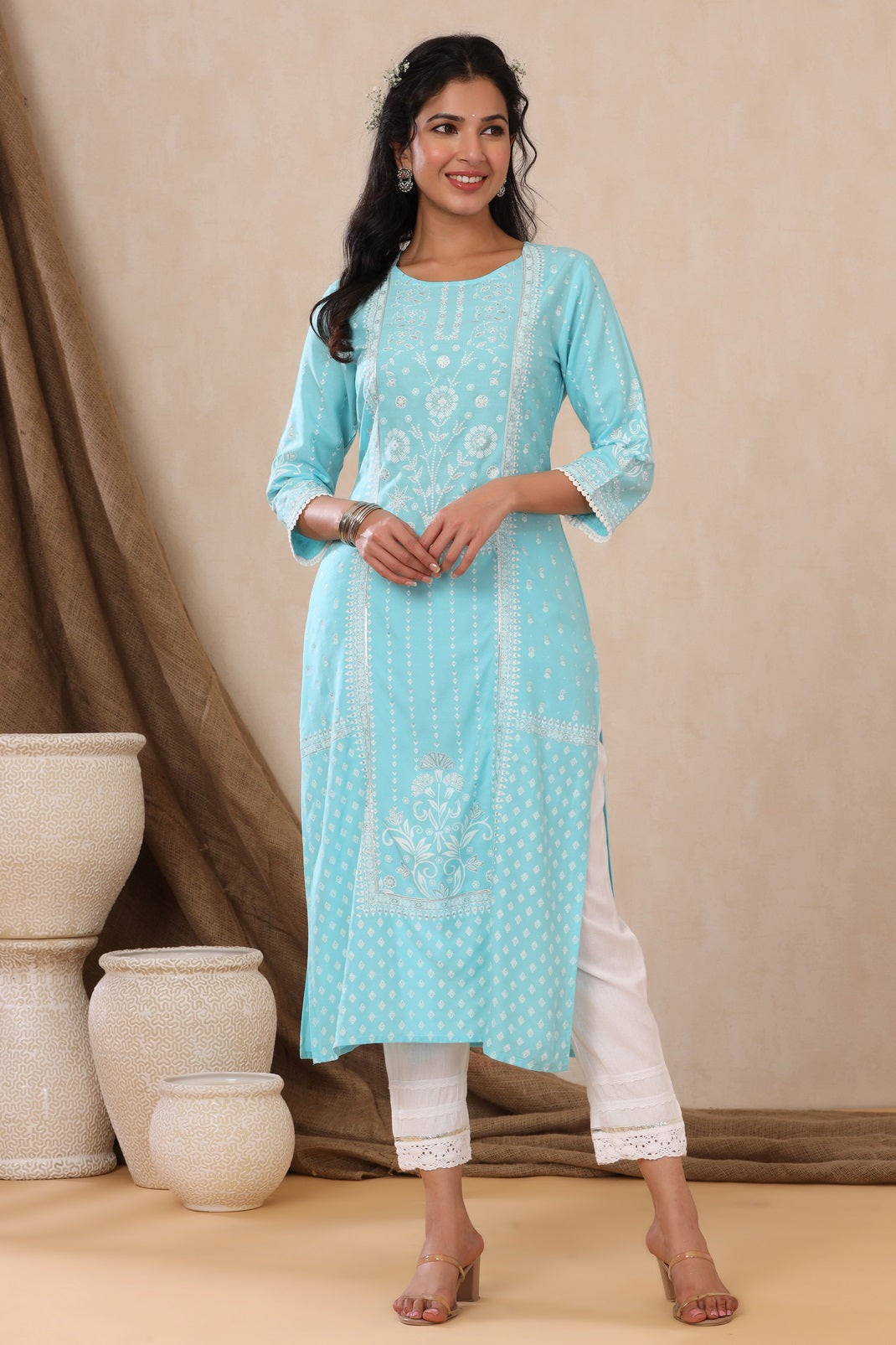 Aqua Rayon Printed Straight Kurta