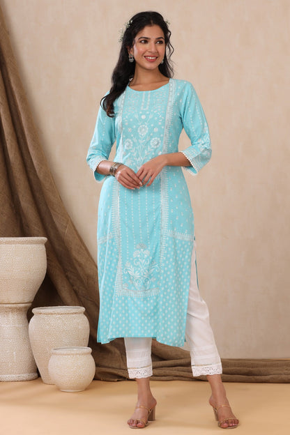 Aqua Rayon Printed Straight Kurta