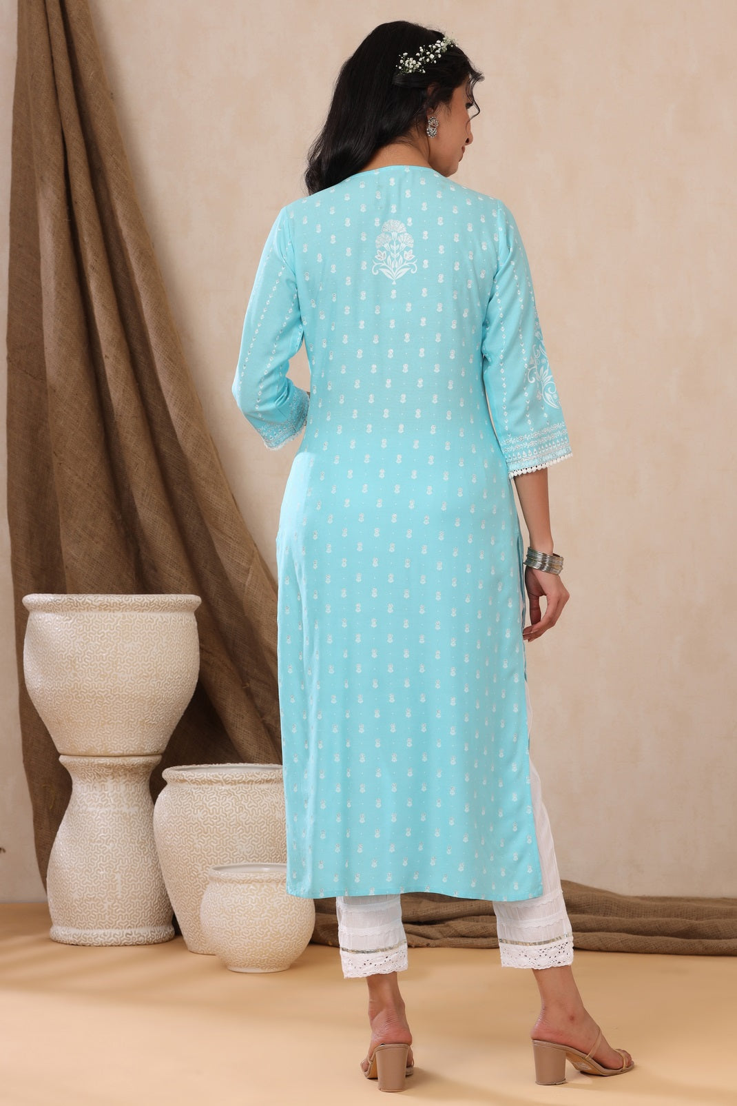 Aqua Rayon Printed Straight Kurta