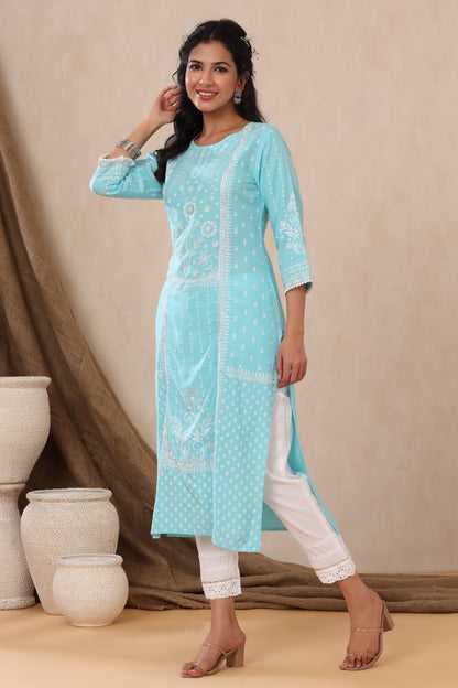 Aqua Rayon Printed Straight Kurta