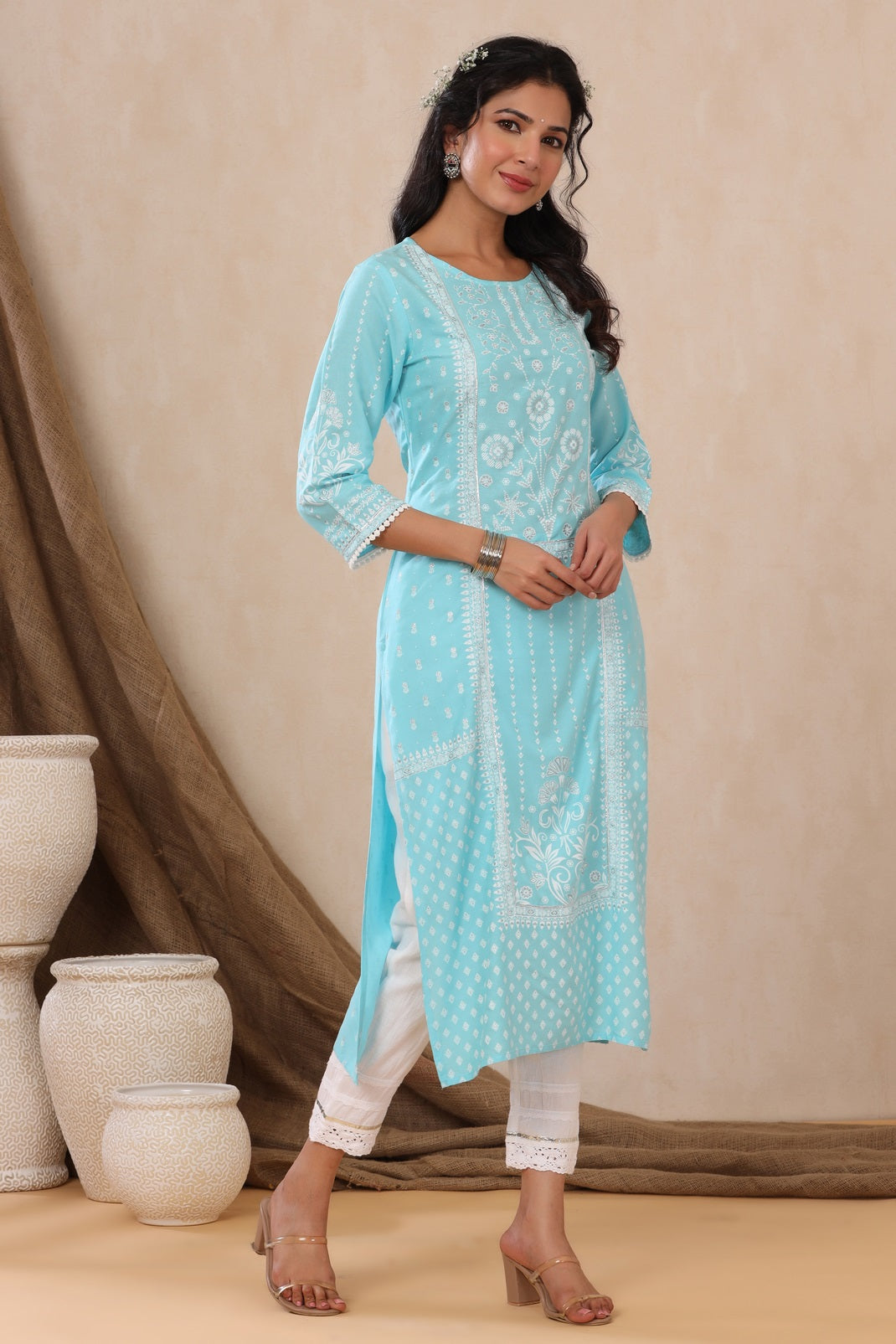 Aqua Rayon Printed Straight Kurta