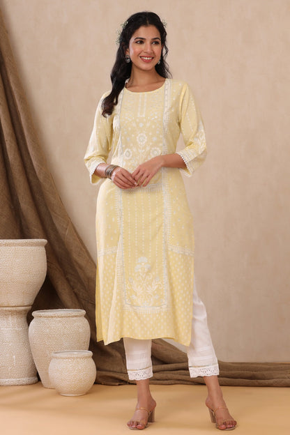 Light Yellow Rayon Printed Straight Kurta