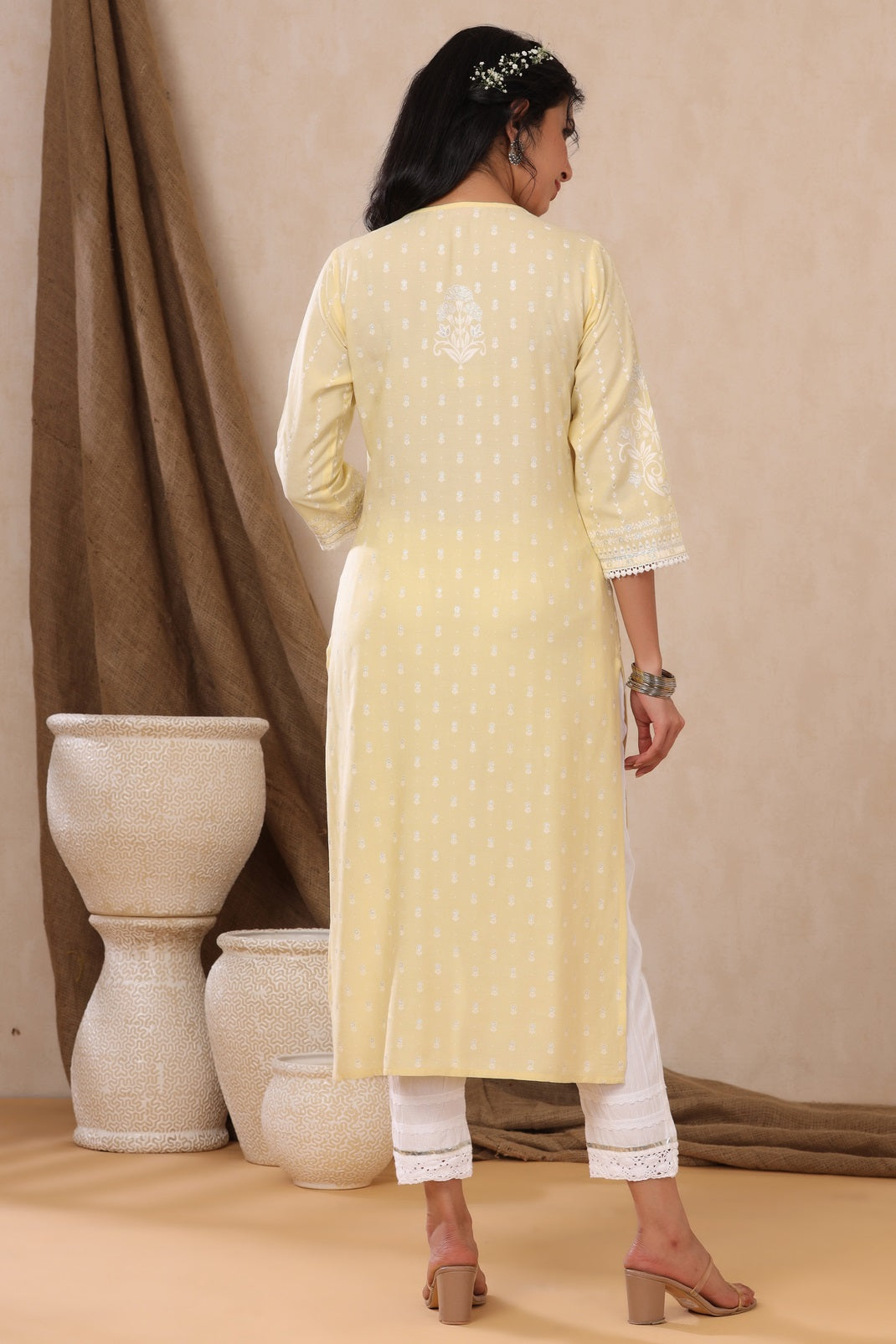 Light Yellow Rayon Printed Straight Kurta
