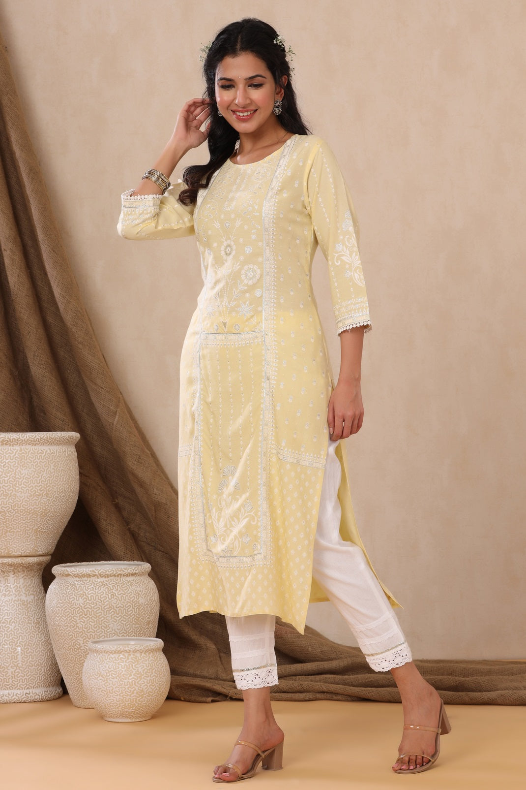 Light Yellow Rayon Printed Straight Kurta