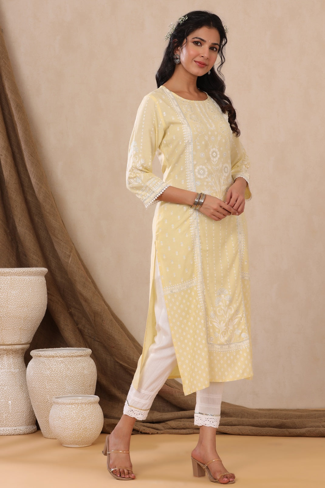 Light Yellow Rayon Printed Straight Kurta