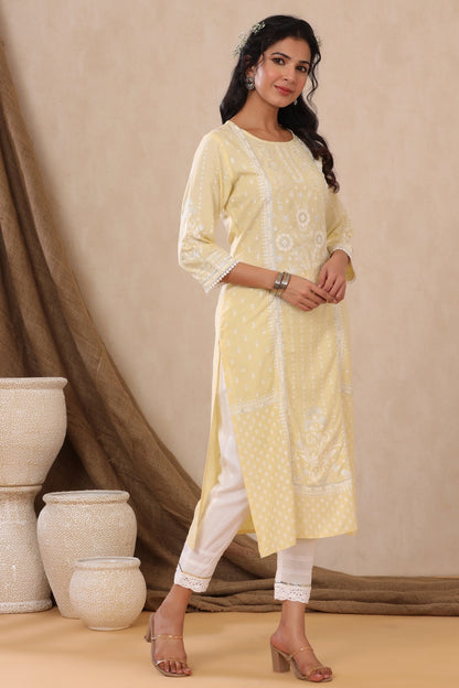 Light Yellow Rayon Printed Straight Kurta