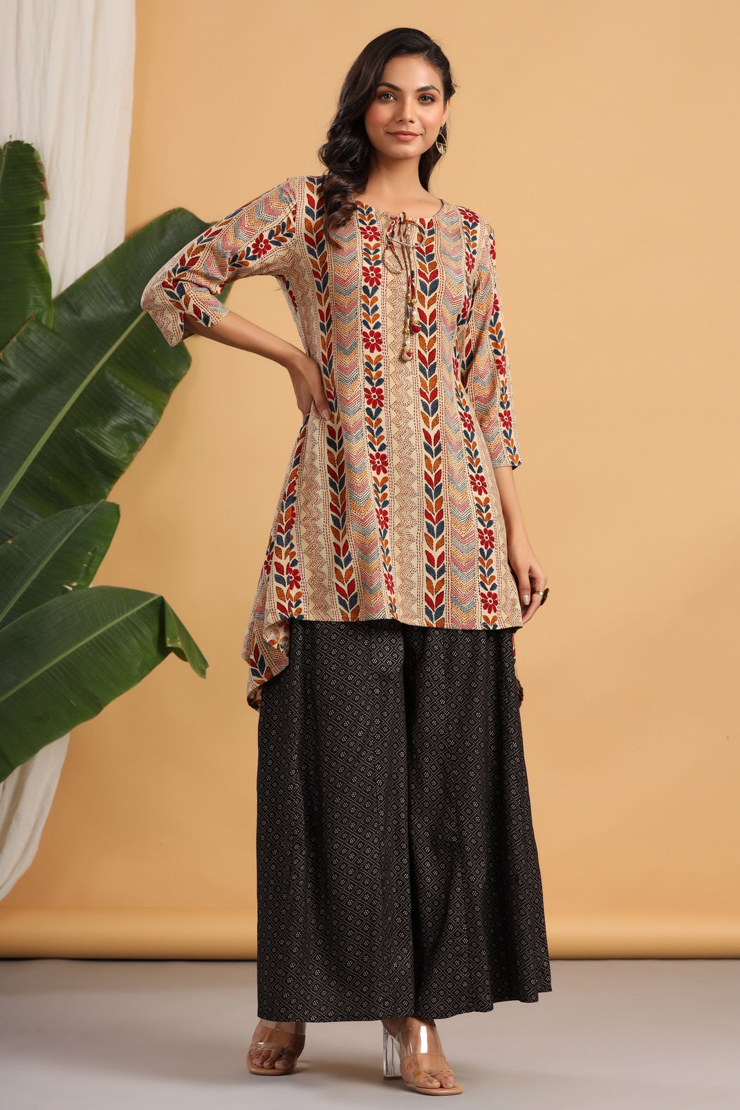Women`s Beige Rayon Printed Asymmetric Kurta