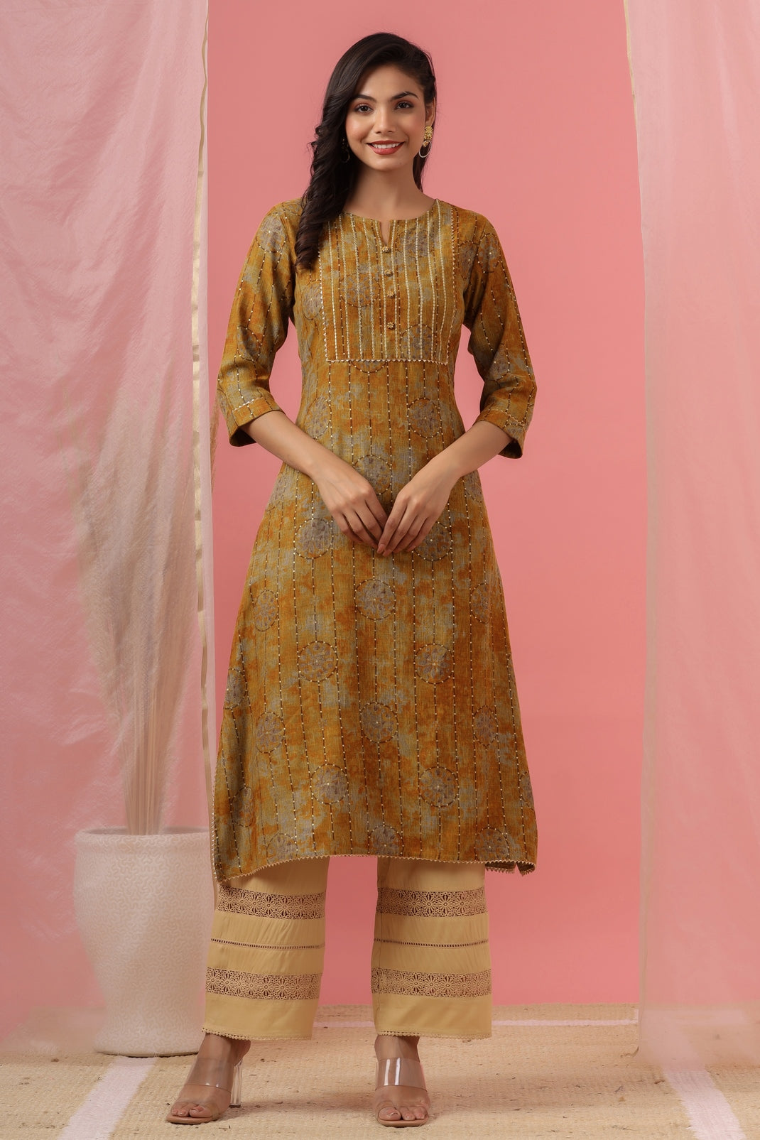 Women`s Mustard Rayon Slub Embroidered Kurta