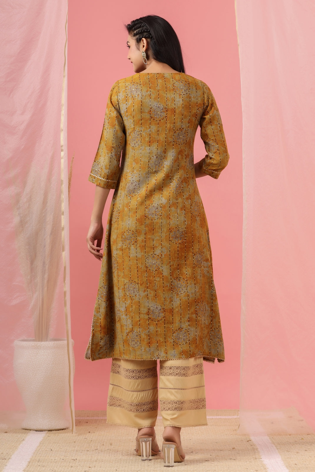 Women`s Mustard Rayon Slub Embroidered Kurta
