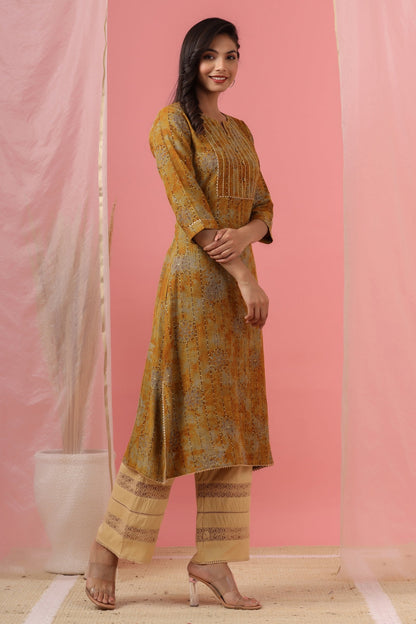 Women`s Mustard Rayon Slub Embroidered Kurta
