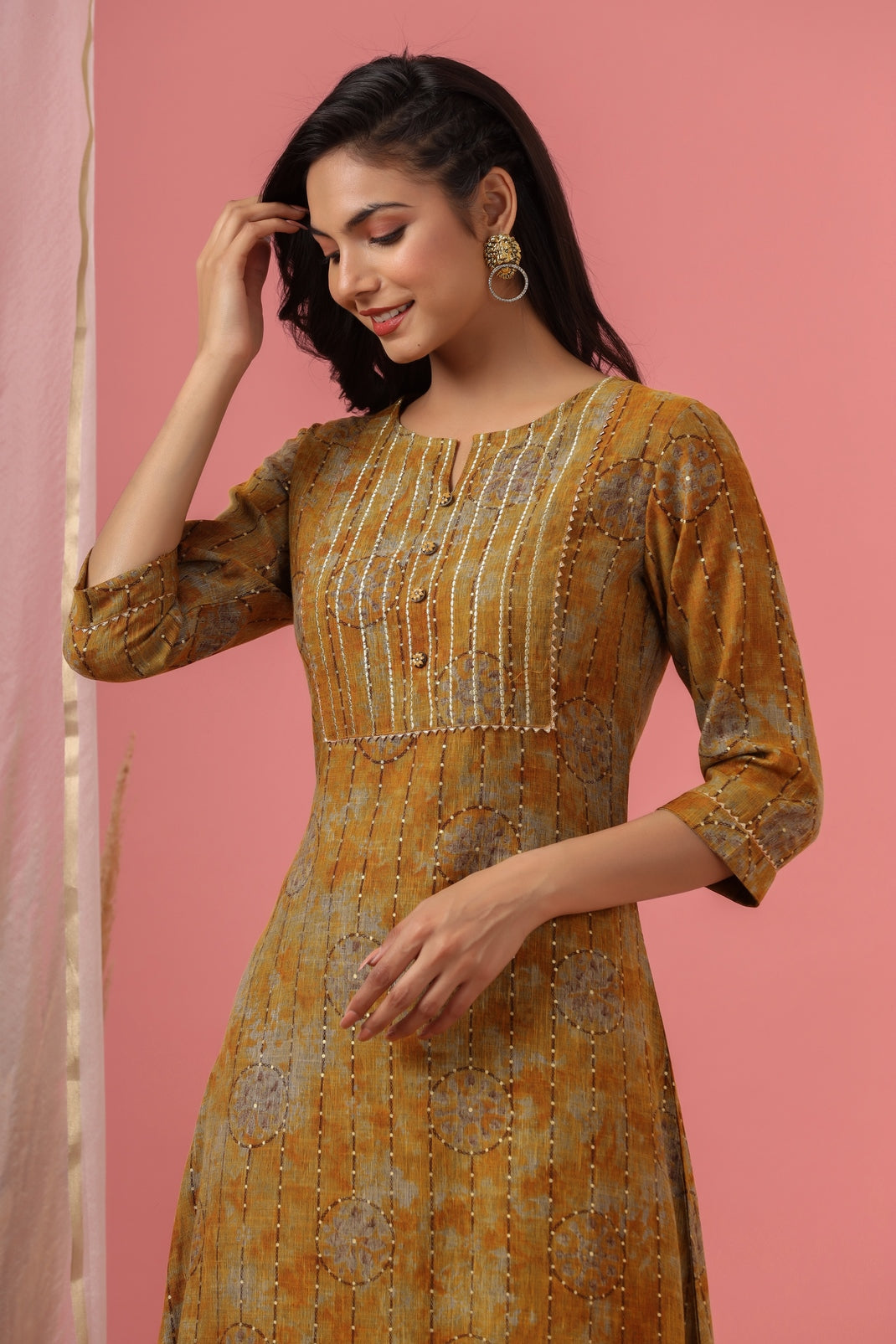 Women`s Mustard Rayon Slub Embroidered Kurta