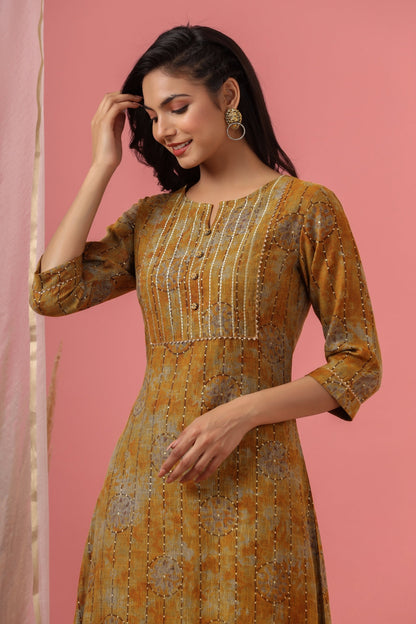 Women`s Mustard Rayon Slub Embroidered Kurta