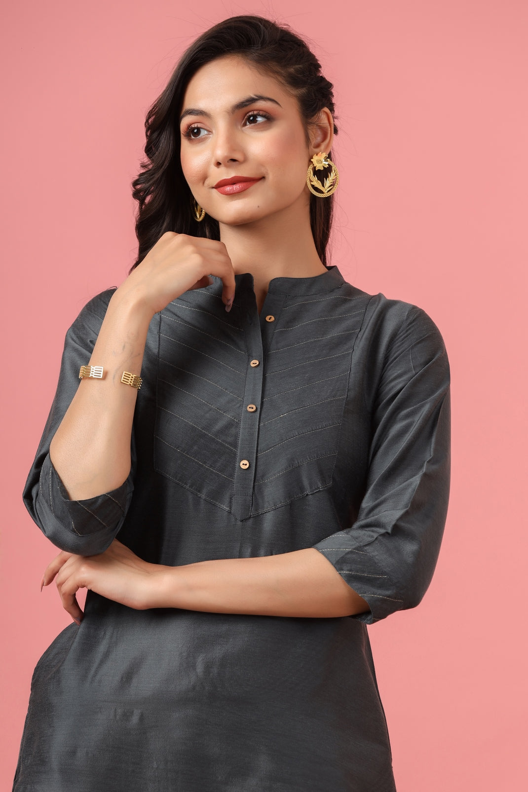 Women`s Darkgrey Tussar Silk Solid Straight Kurta