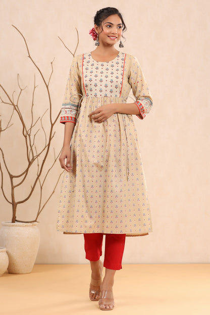 Women`s Beige Cambric Printed Flared Kurta