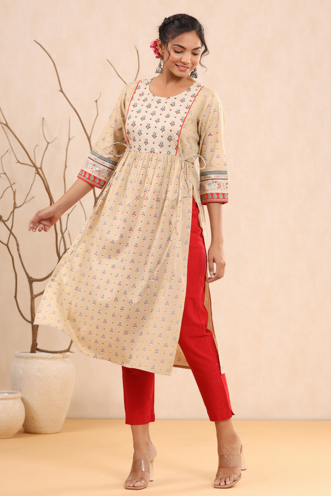 Women`s Beige Cambric Printed Flared Kurta