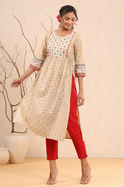 Women`s Beige Cambric Printed Flared Kurta
