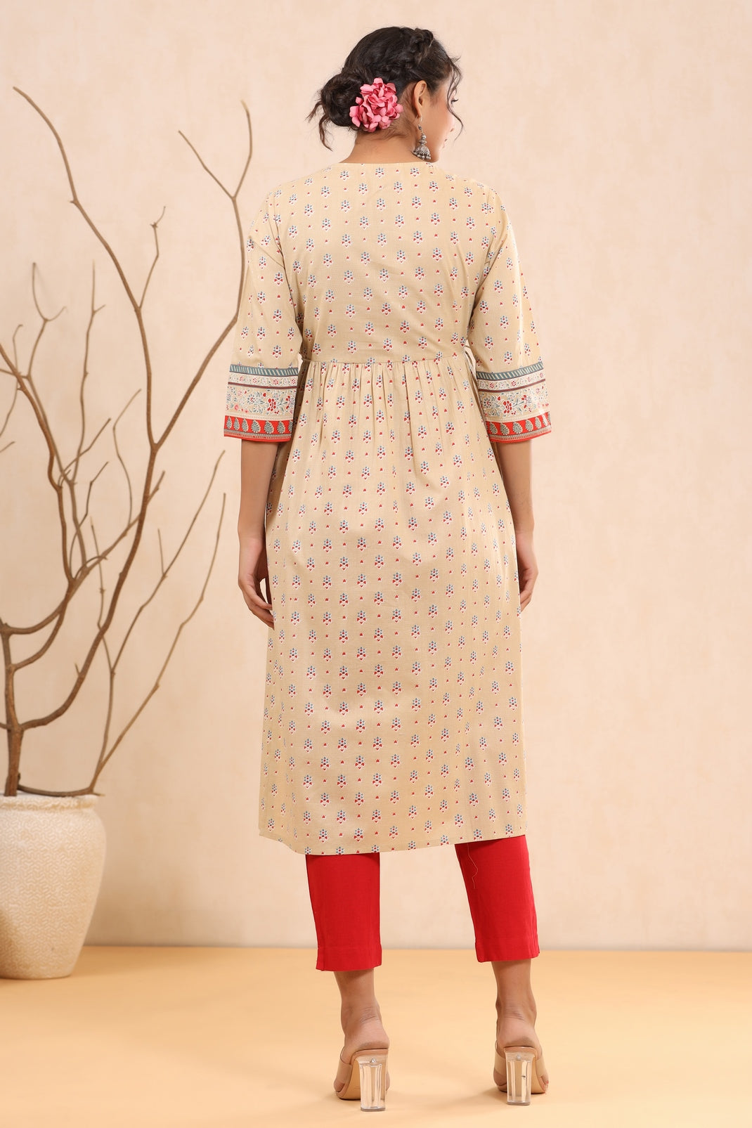Women`s Beige Cambric Printed Flared Kurta