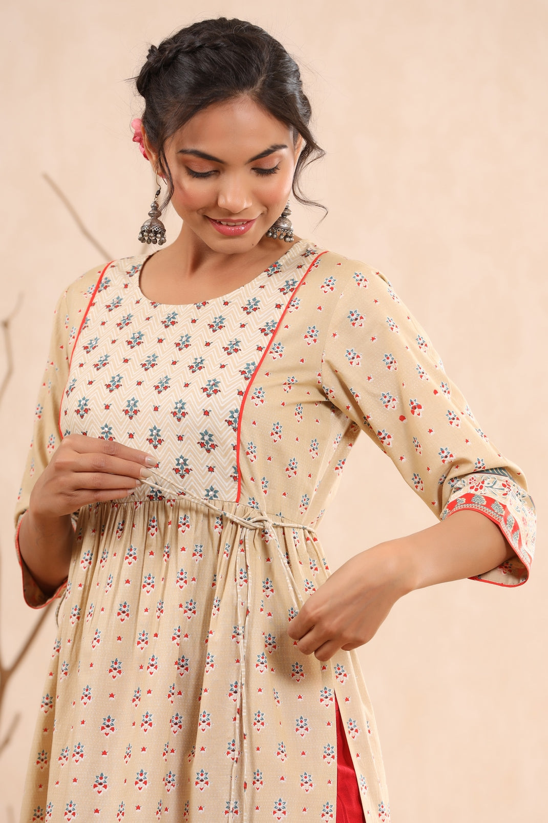 Women`s Beige Cambric Printed Flared Kurta